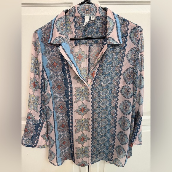 Kut from the Kloth Boho Lightweight Sheer Patterned Blouse Shirt Size L - Picture 1 of 6